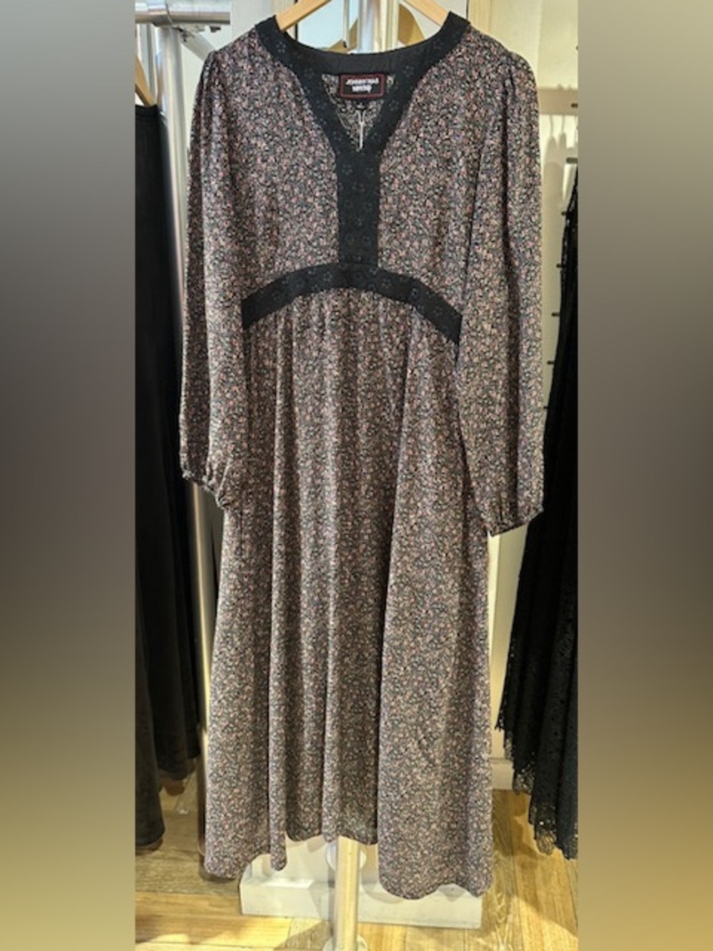 Johnny Was Silk Muted Floral Long Sleeve Maxi Dress w/Black SequinTrim. S. NWT.
